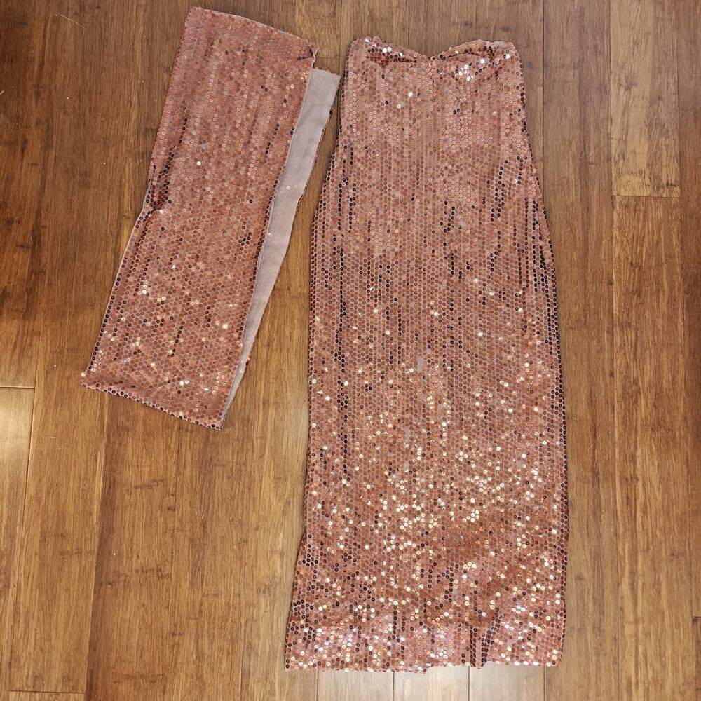 Women Small Strapless Slit Midi Rose Gold Sequins Dress With Matching Scarf